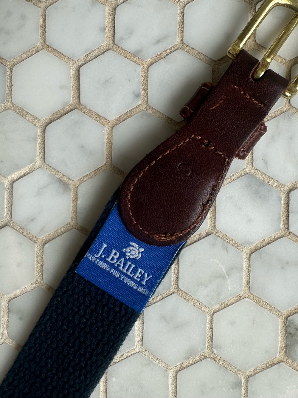 Boys Navy Blue Woven Belt with Brown Leather Trim